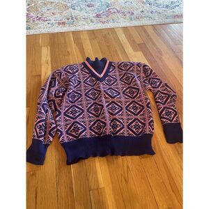Vintage Obermeyer Women's Fair‎ Isle AOP Nordic Pink Wool Sweater Sz L Grandma